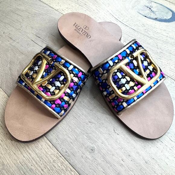 VALENTINO GARAVANI Sandals 5mm V logo Cotton Flats size 7 Multicolored Authentic - Picture 2 of 8
